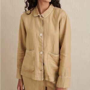 Alex Mill Polly Tan Linen Relaxed Fit Button Up White Piping Trim Shirt Jacket